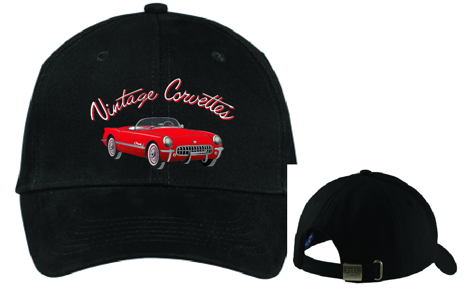 Black embroidered VCSC cap with a red classic Corvette, shown from the front and back