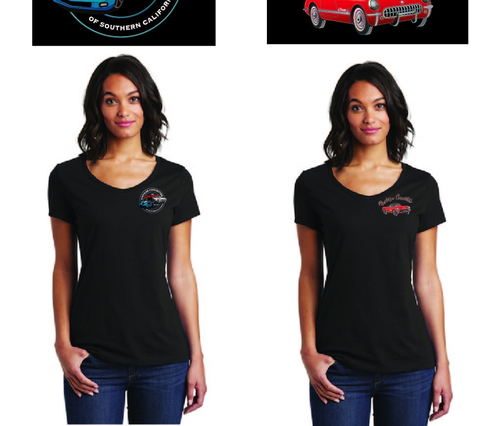 Two models wearing black VCSC ladies' V-neck tees